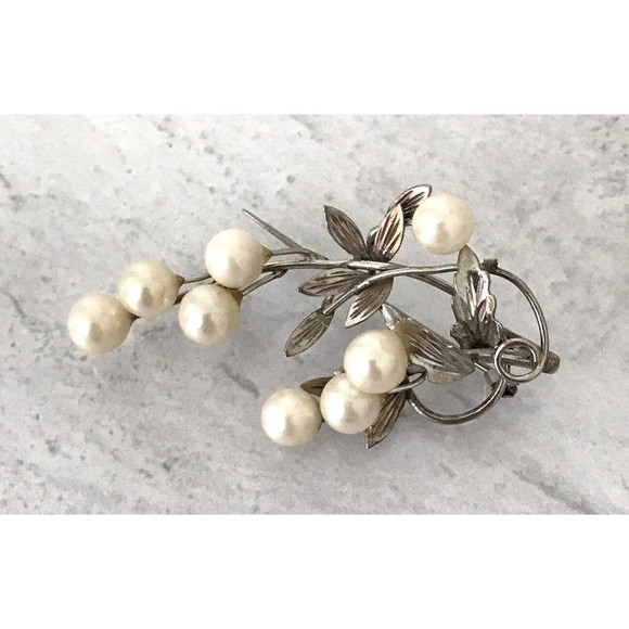 Vintage Pearl Sterling Silver Brooch Pendant 2 1/4" Long Leaf and Branch Design - Picture 4 of 16